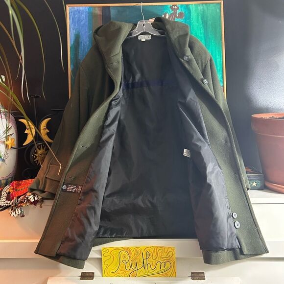 Vintage Y2K 2000s Jacob Olive Hooded Wool Trench Coat L - Picture 7 of 14